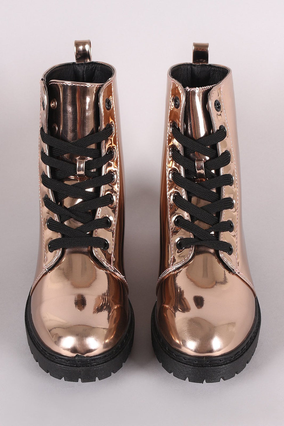 Qupid Metallic Patent Combat Lace-Up Ankle Boots