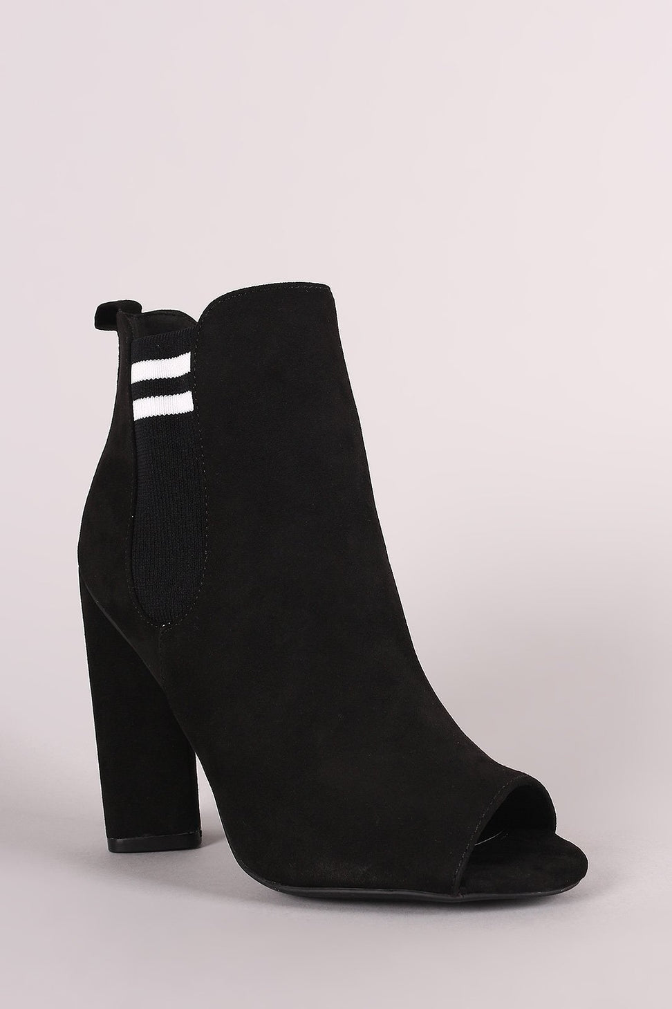 Qupid Suede Stripe Knit Inset Peep Toe Chunky Heeled Ankle Boots