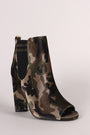 Qupid Camouflage Stripe Knit Inset Peep Toe Chunky Heeled Ankle Boots