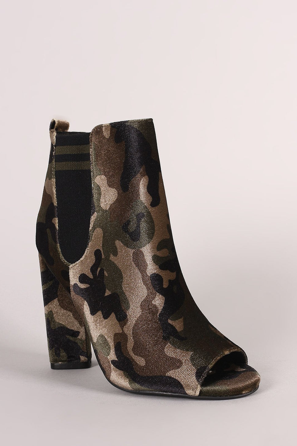 Qupid Camouflage Stripe Knit Inset Peep Toe Chunky Heeled Ankle Boots