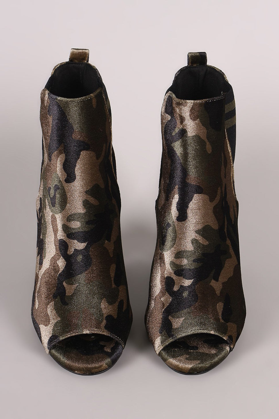 Qupid Camouflage Stripe Knit Inset Peep Toe Chunky Heeled Ankle Boots