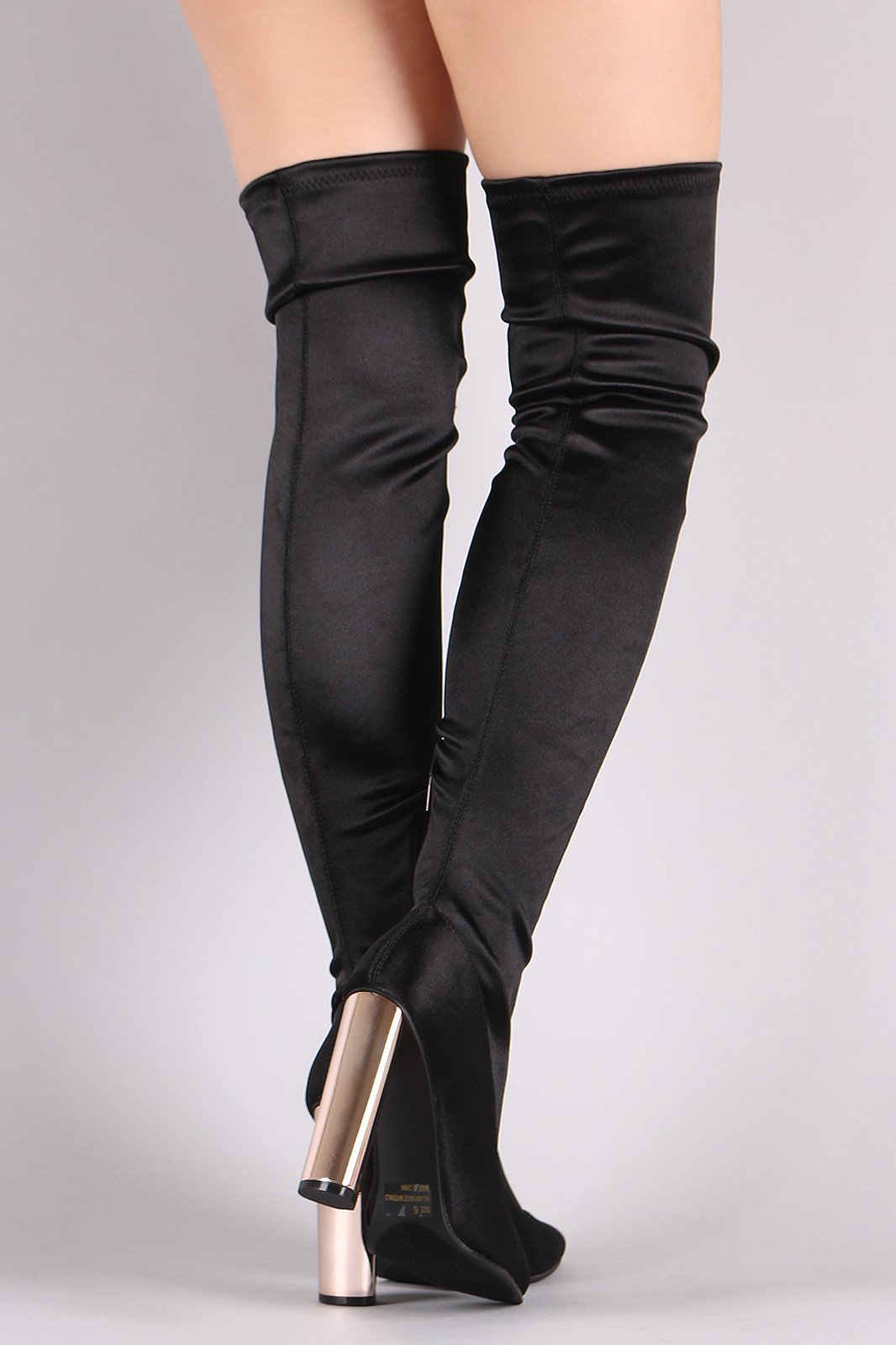 Qupid Elastane Pointy Toe Chunky Metallic Heeled OTK Boots