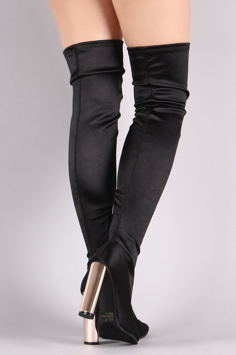 Qupid Elastane Pointy Toe Chunky Metallic Heeled OTK Boots