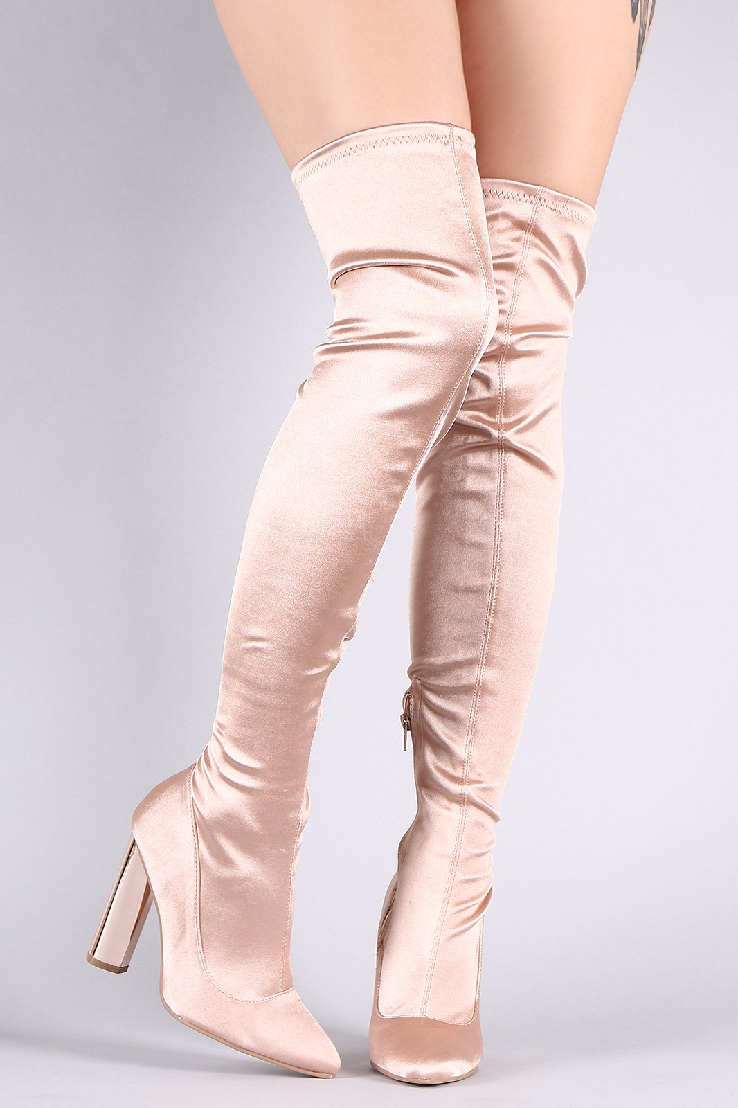 Qupid Elastane Pointy Toe Chunky Metallic Heeled OTK Boots