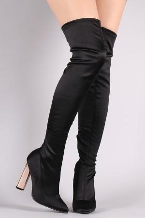 Qupid Elastane Pointy Toe Chunky Metallic Heeled OTK Boots