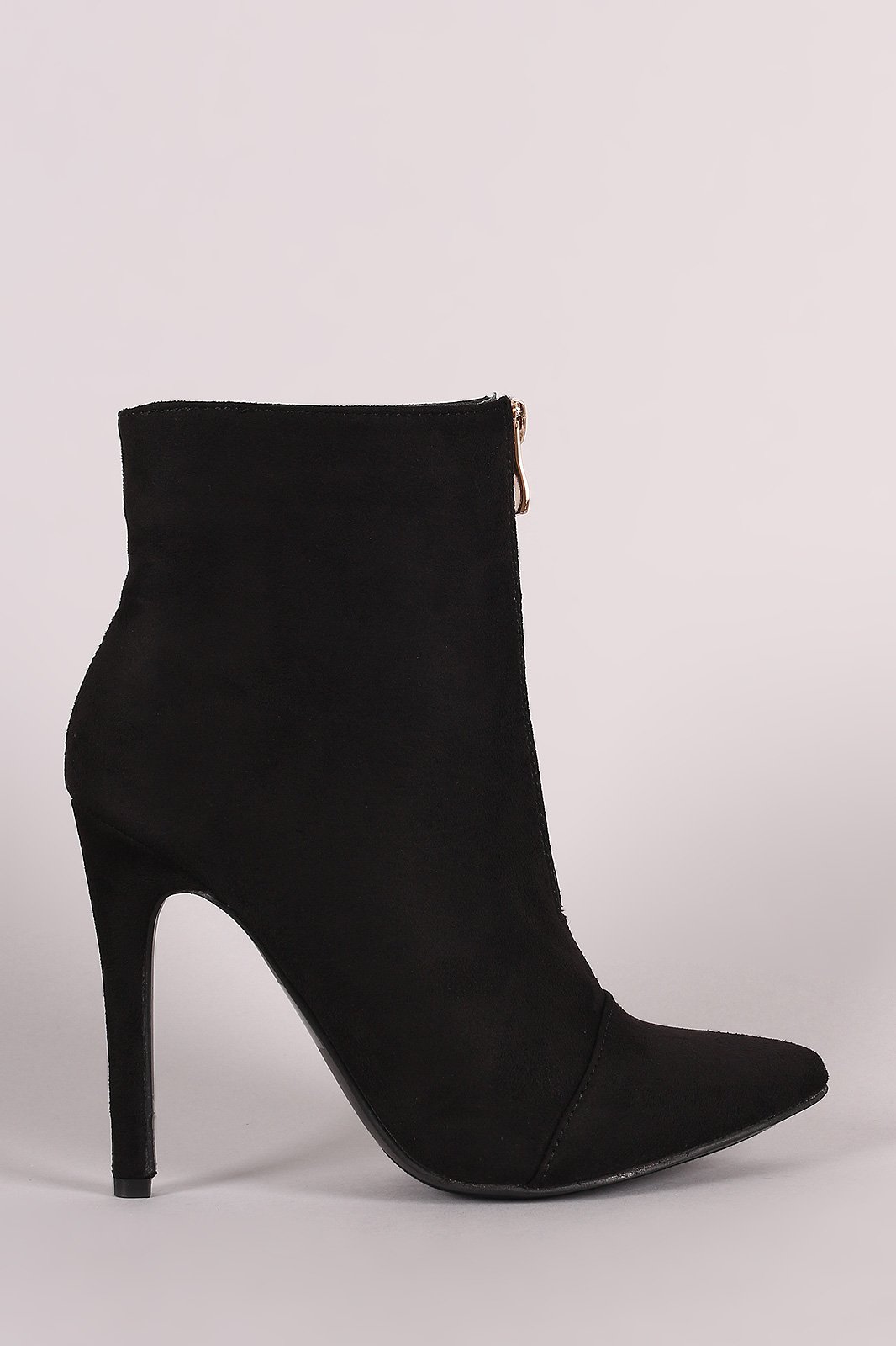 Front Zip Up Suede Pointy Toe Stiletto Booties - NoveltyOne