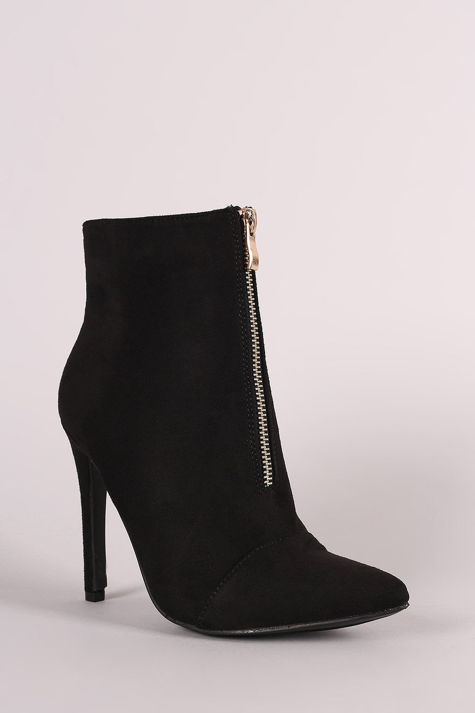 Front Zip Up Suede Pointy Toe Stiletto Booties - NoveltyOne