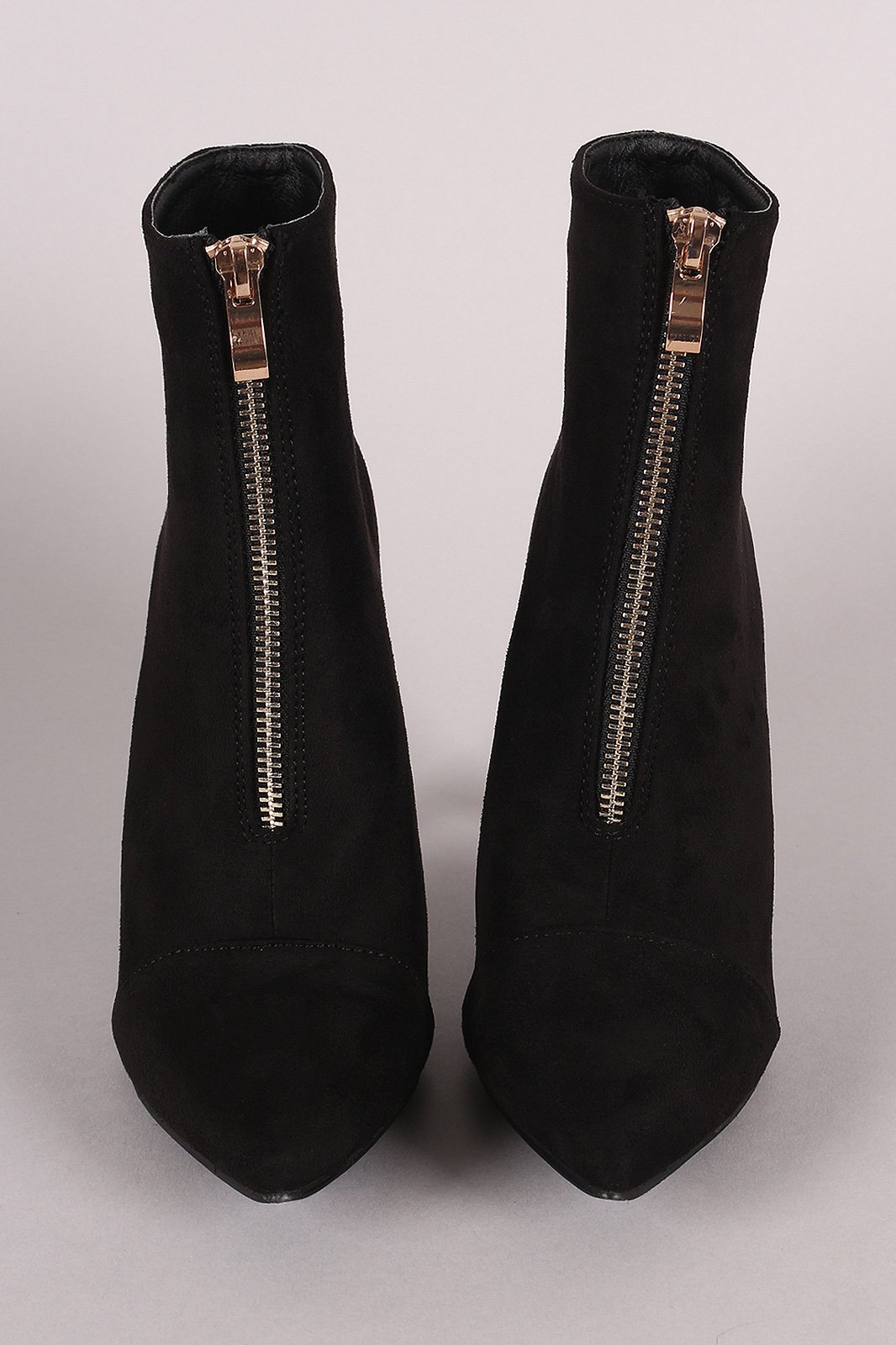 Front Zip Up Suede Pointy Toe Stiletto Booties - NoveltyOne