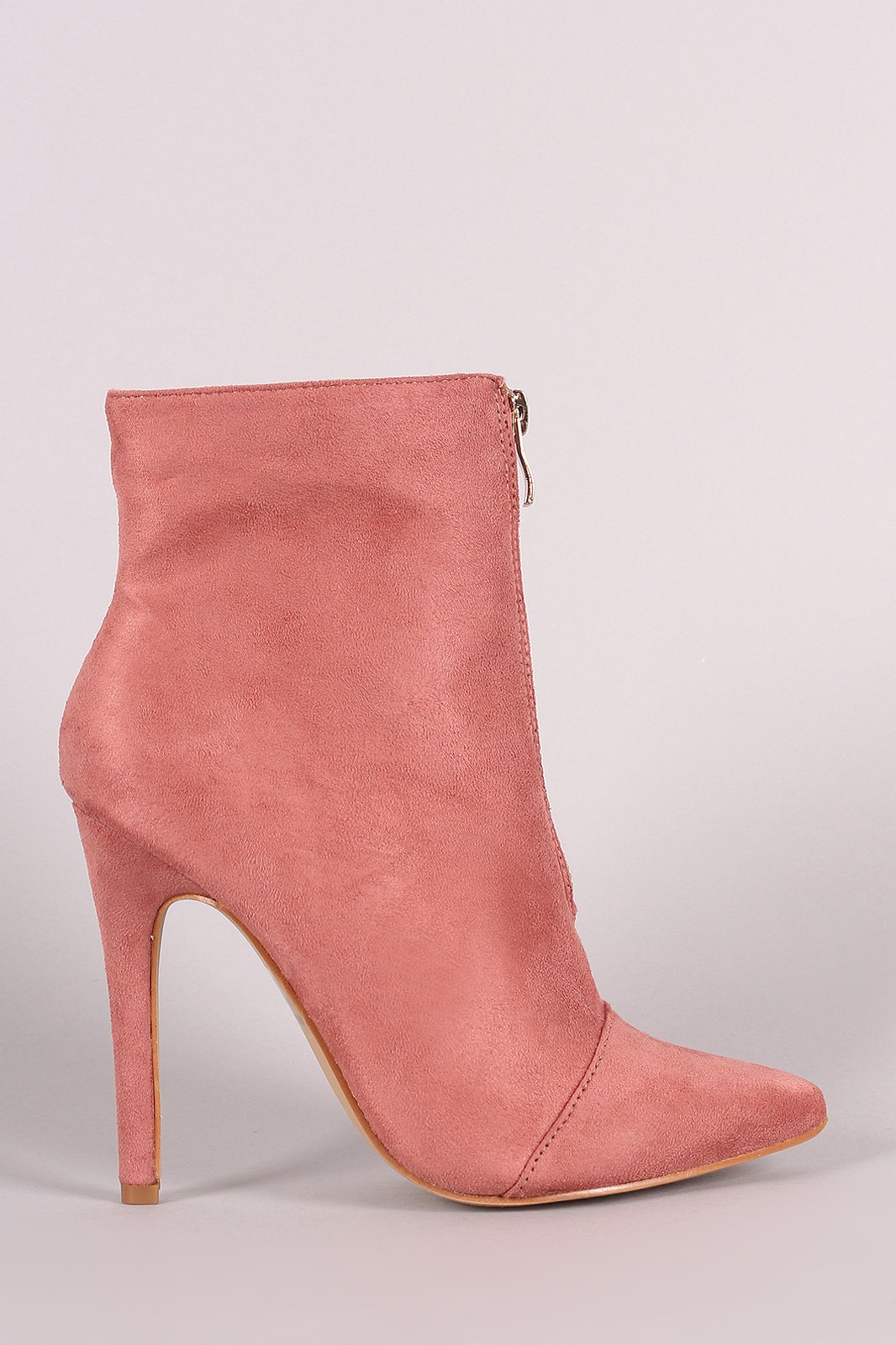 Front Zip Up Suede Pointy Toe Stiletto Booties - NoveltyOne
