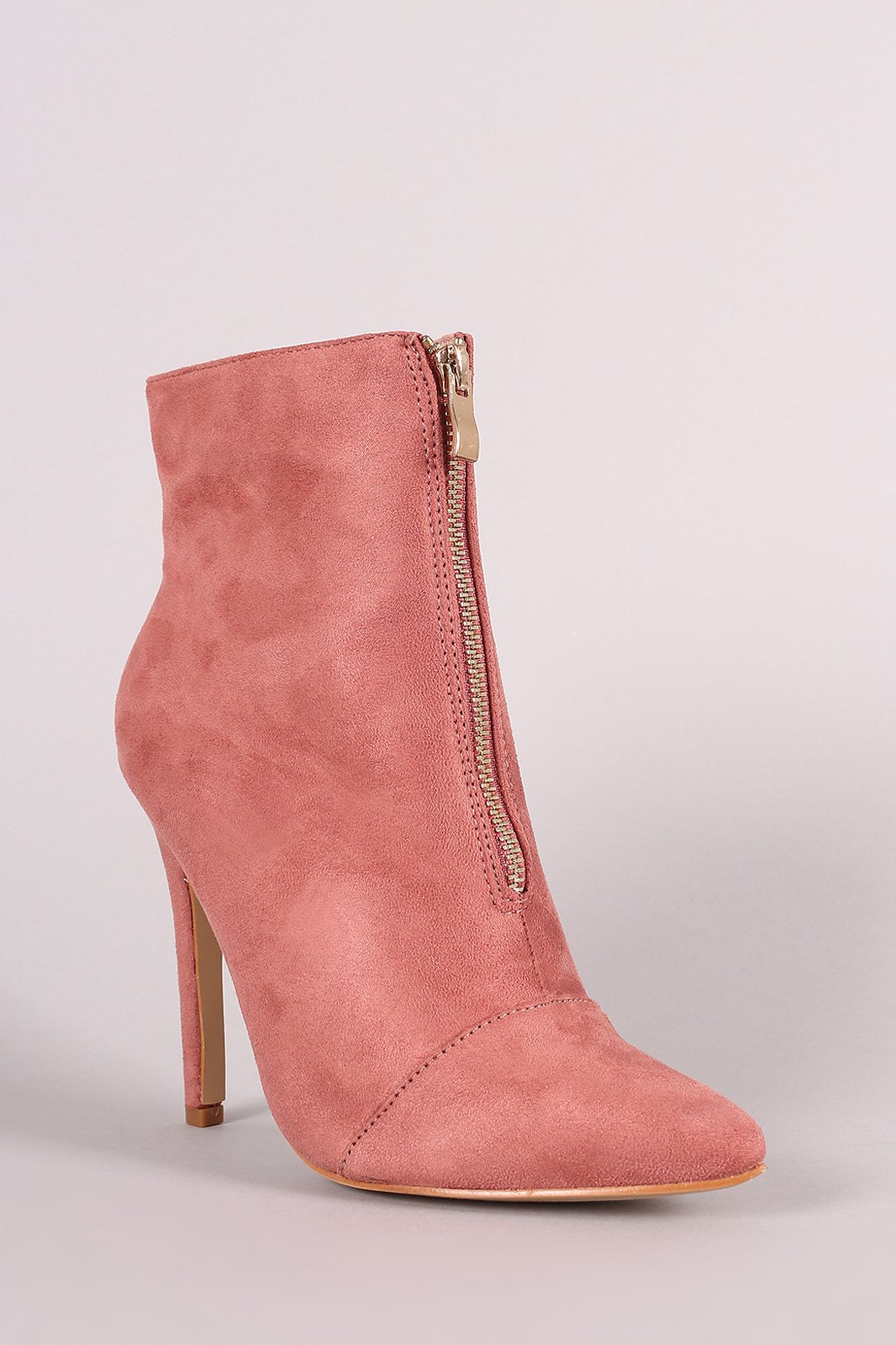 Front Zip Up Suede Pointy Toe Stiletto Booties - NoveltyOne