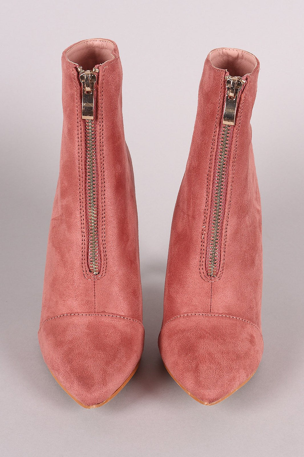 Front Zip Up Suede Pointy Toe Stiletto Booties - NoveltyOne