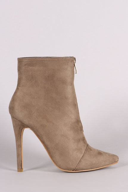 Front Zip Up Suede Pointy Toe Stiletto Booties - NoveltyOne