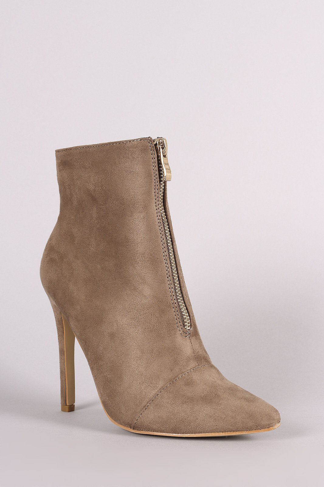 Front Zip Up Suede Pointy Toe Stiletto Booties - NoveltyOne