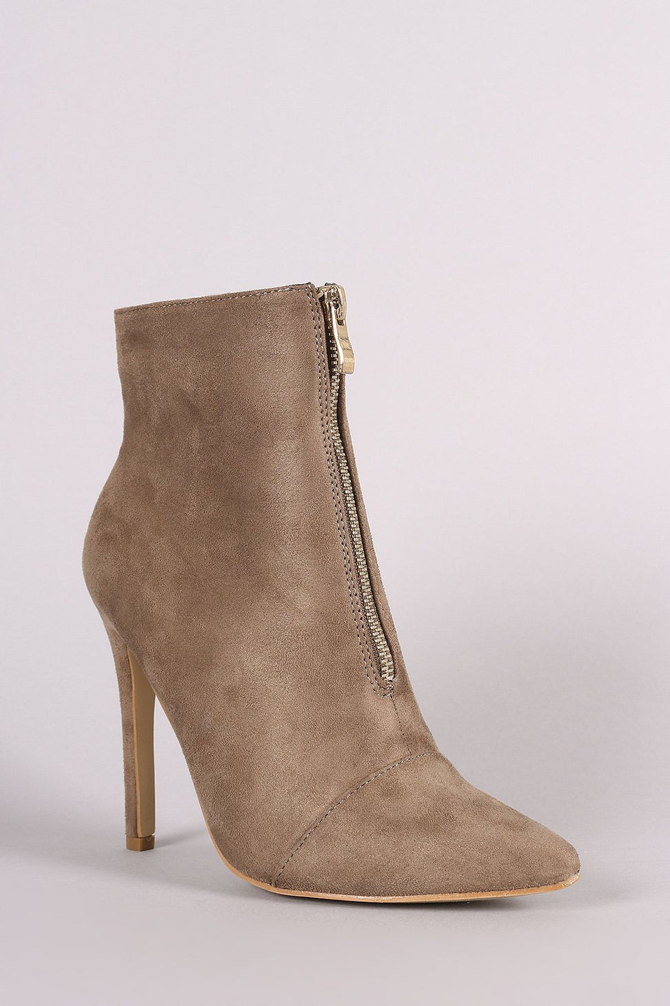 Front Zip Up Suede Pointy Toe Stiletto Booties - NoveltyOne