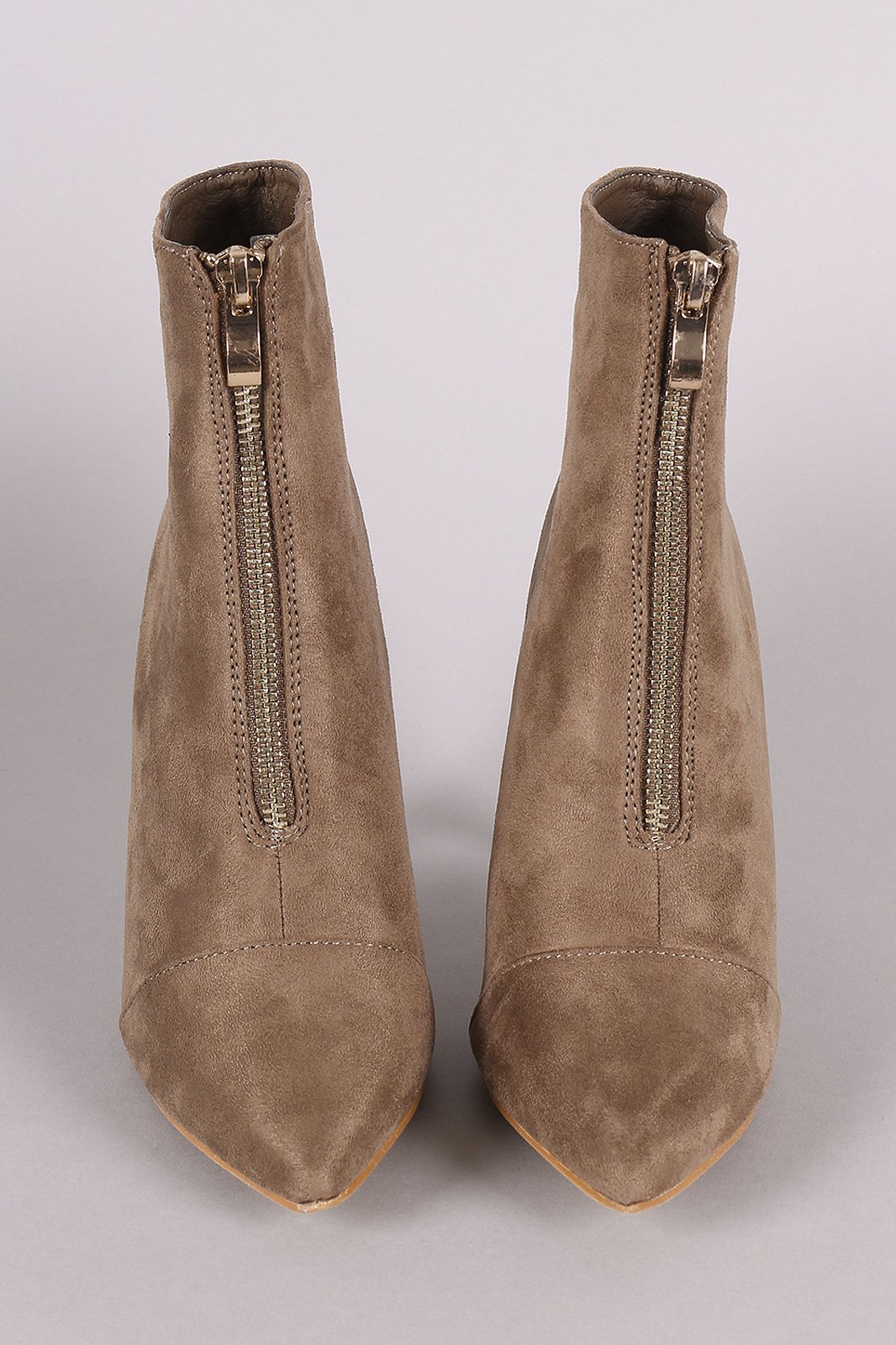 Front Zip Up Suede Pointy Toe Stiletto Booties - NoveltyOne