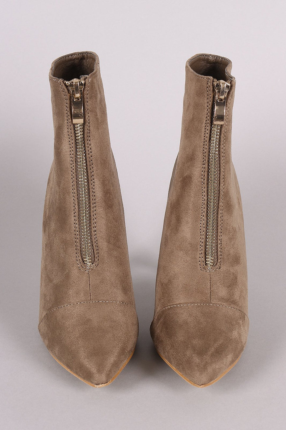 Front Zip Up Suede Pointy Toe Stiletto Booties - NoveltyOne
