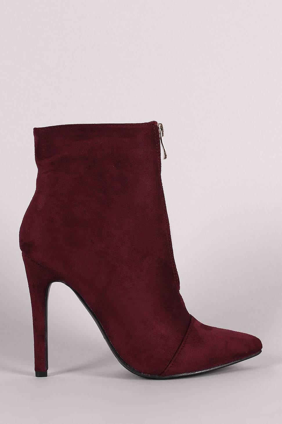 Front Zip Up Suede Pointy Toe Stiletto Booties - NoveltyOne
