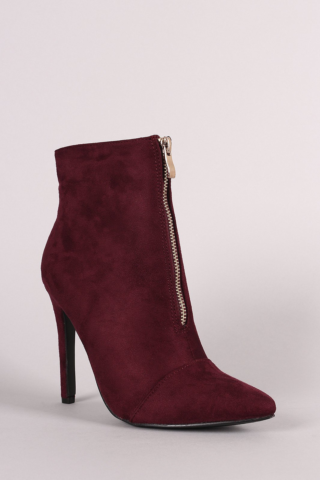 Front Zip Up Suede Pointy Toe Stiletto Booties - NoveltyOne