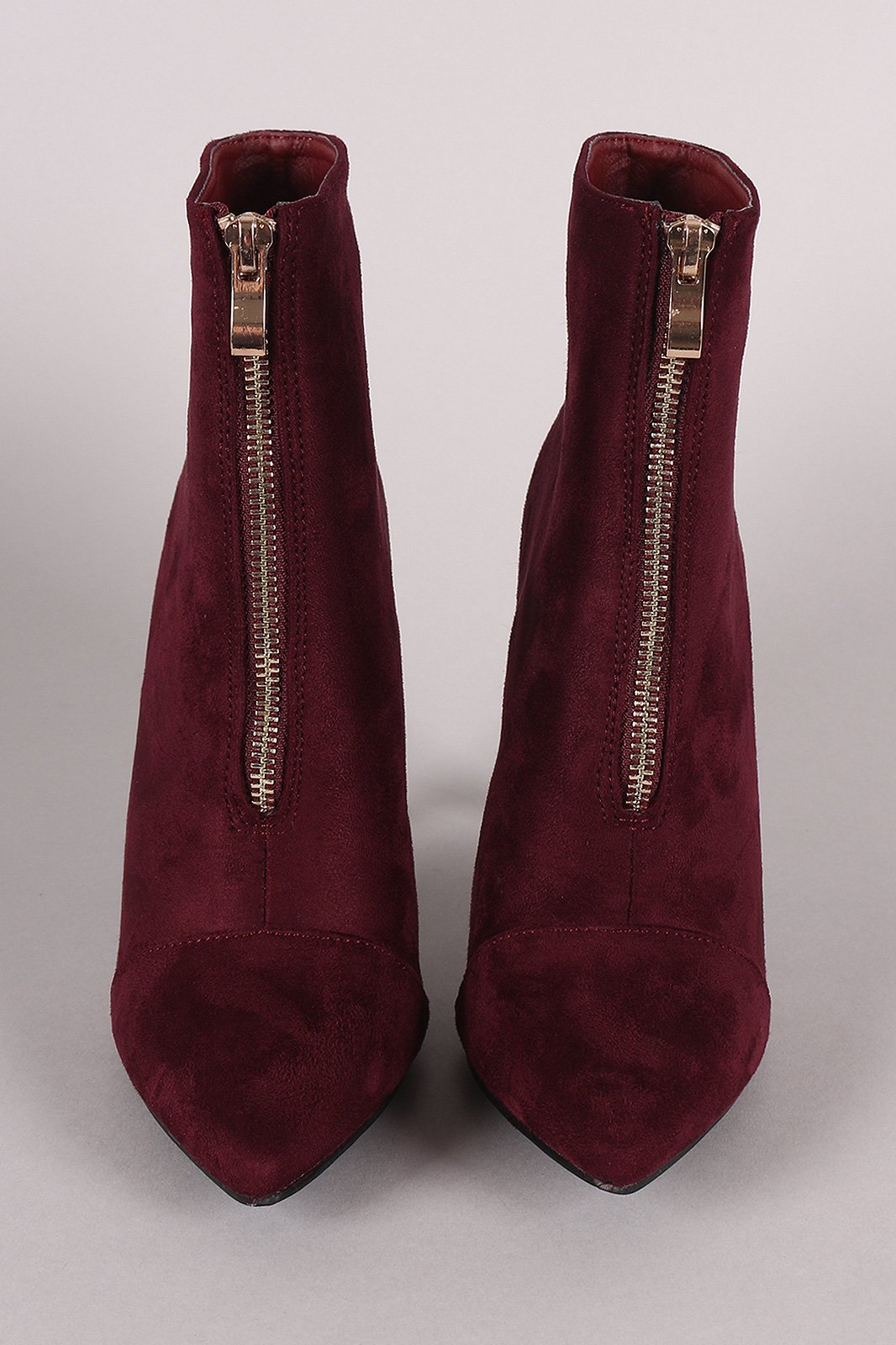Front Zip Up Suede Pointy Toe Stiletto Booties - NoveltyOne