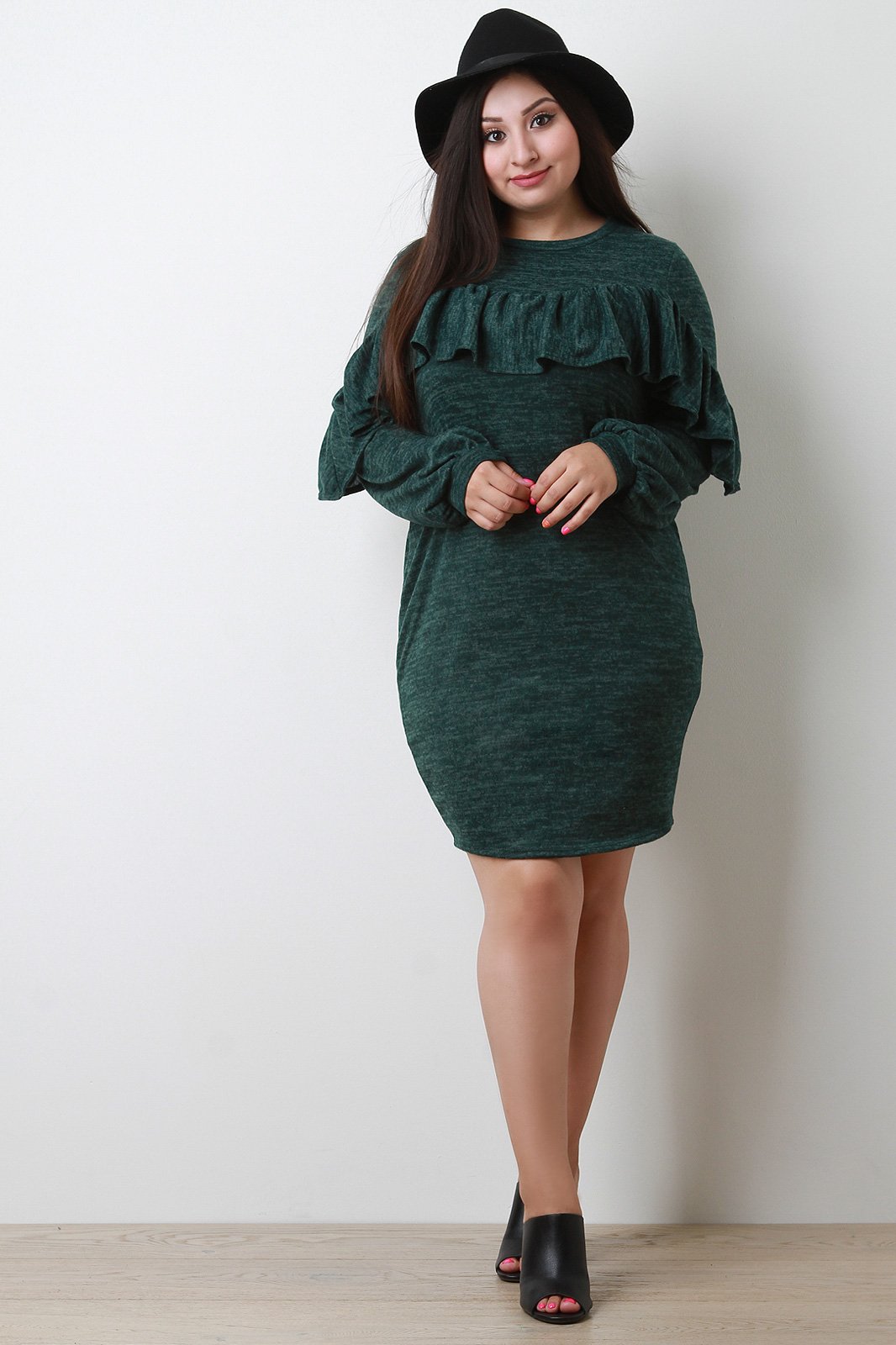 Marled Knit Ruffled Long Sleeve Midi Dress