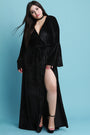Pin Striped Velvet Surplice Bell Sleeve Slit Maxi Dress