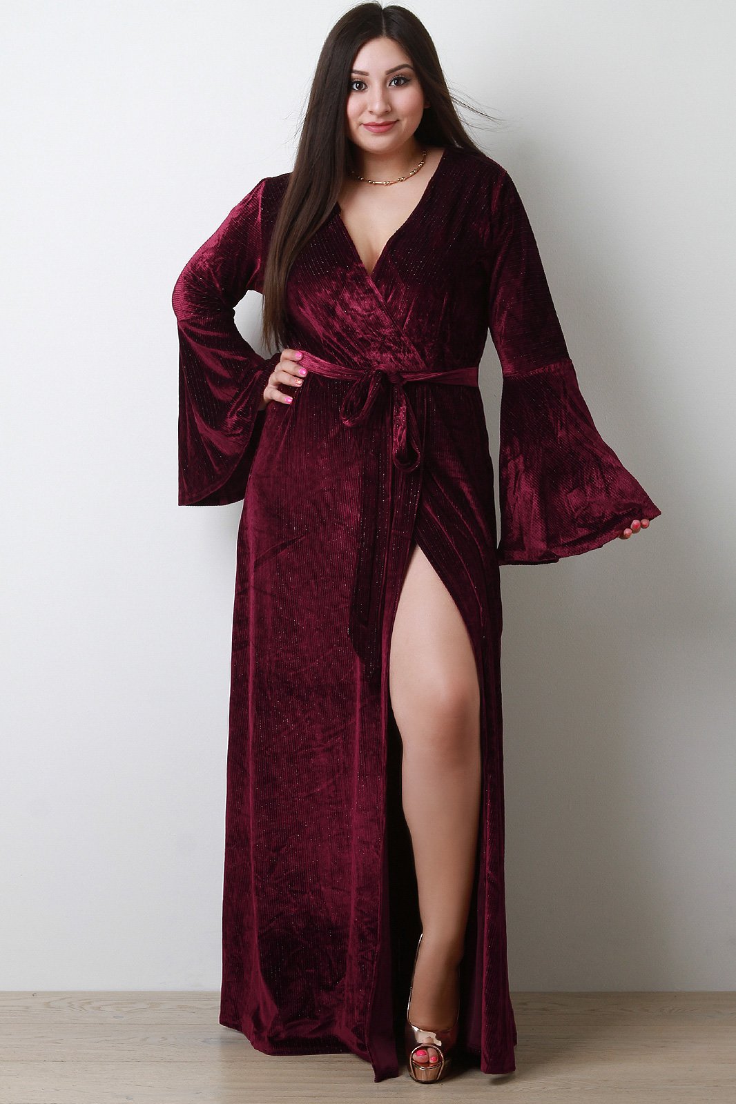 Pin Striped Velvet Surplice Bell Sleeve Slit Maxi Dress