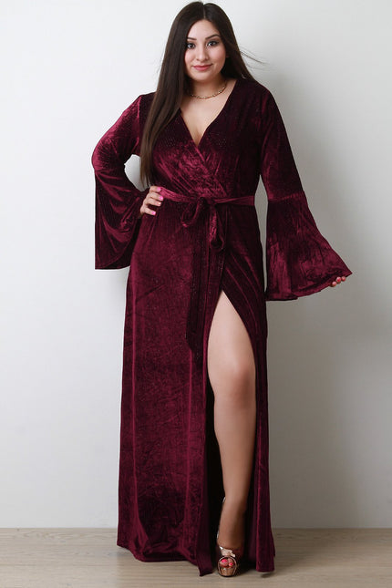 Pin Striped Velvet Surplice Bell Sleeve Slit Maxi Dress
