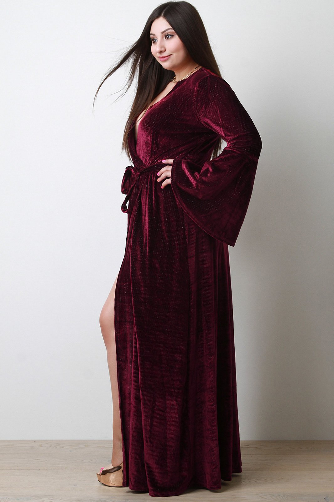 Pin Striped Velvet Surplice Bell Sleeve Slit Maxi Dress