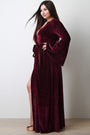 Pin Striped Velvet Surplice Bell Sleeve Slit Maxi Dress
