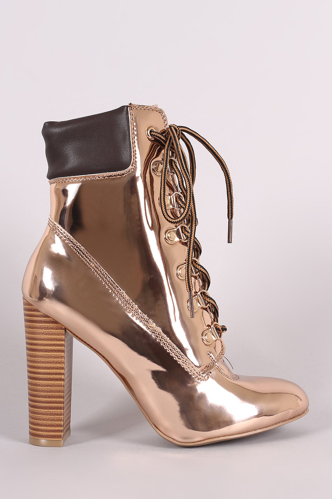 Wild Diva Lounge Patent Combat Lace-Up Chunky Heeled Ankle Boots