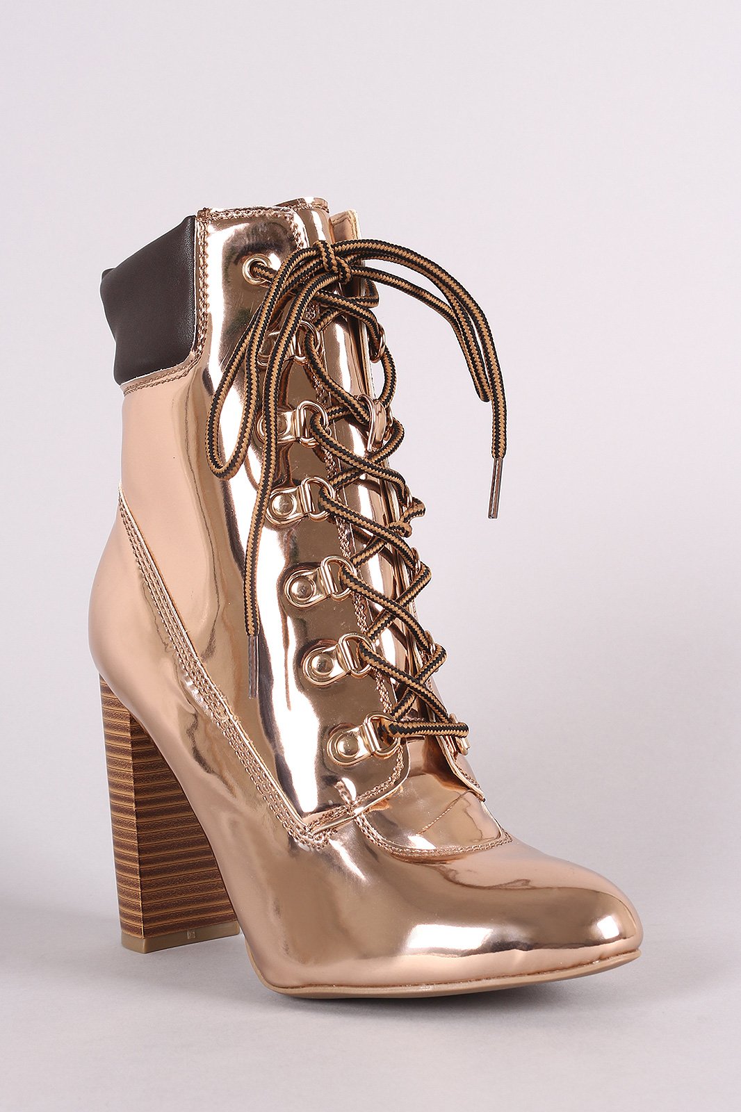 Wild Diva Lounge Patent Combat Lace-Up Chunky Heeled Ankle Boots