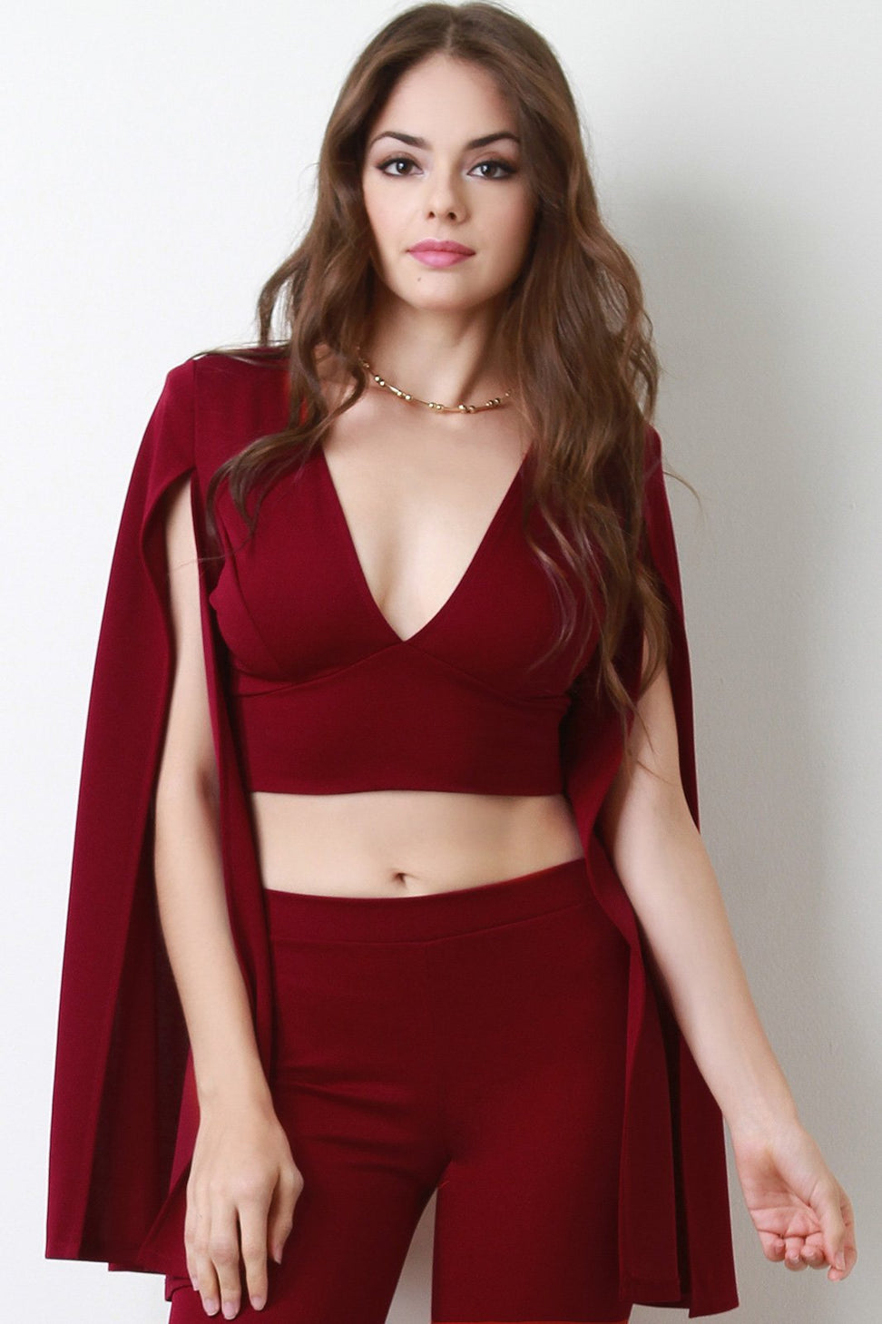 V-Neck Slit Long Sleeve Crop Top