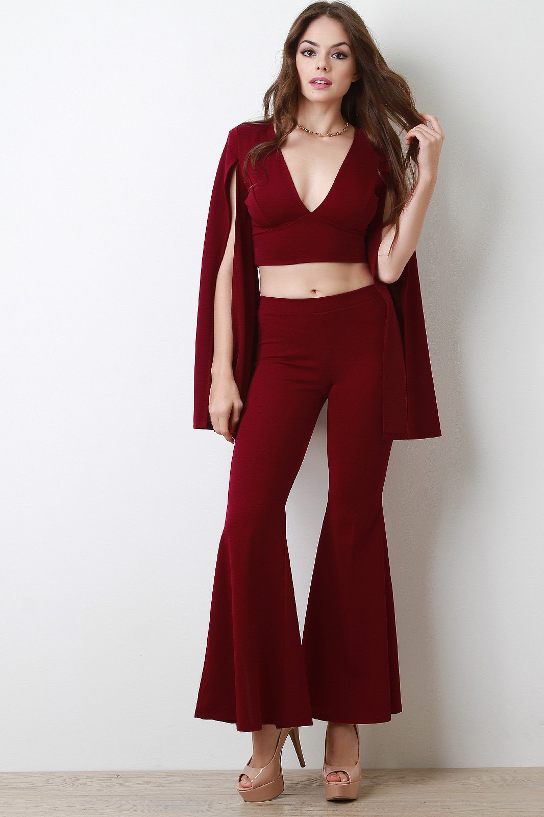 V-Neck Slit Long Sleeve Crop Top