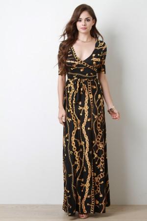 Chain Print Surplice Maxi Dress