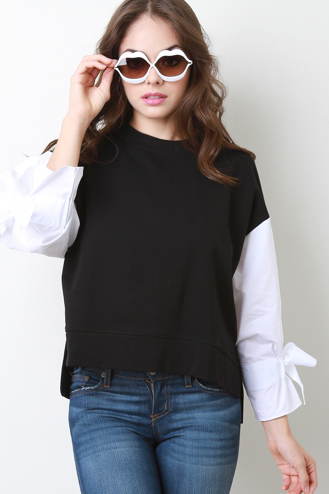 Contrast Tie Sleeves French Terry Sweatshirt