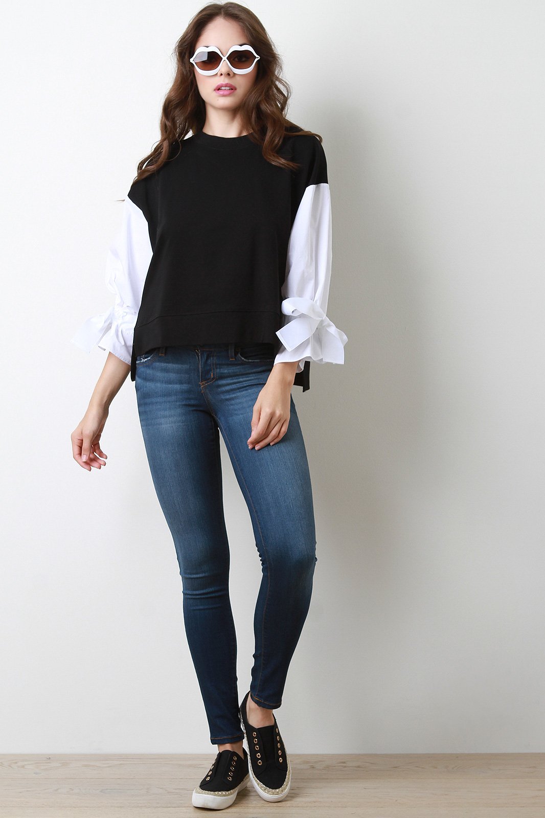 Contrast Tie Sleeves French Terry Sweatshirt