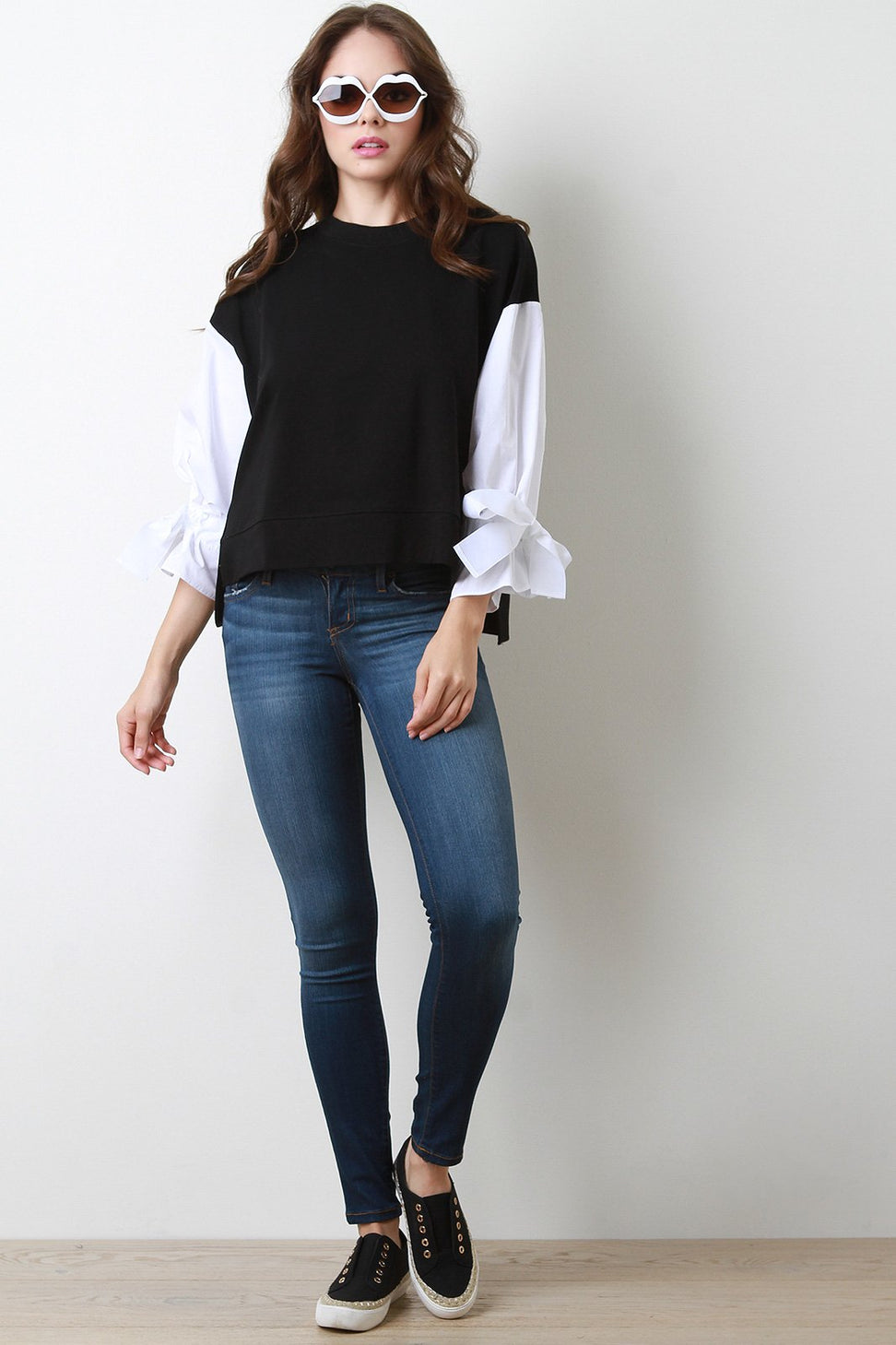 Contrast Tie Sleeves French Terry Sweatshirt
