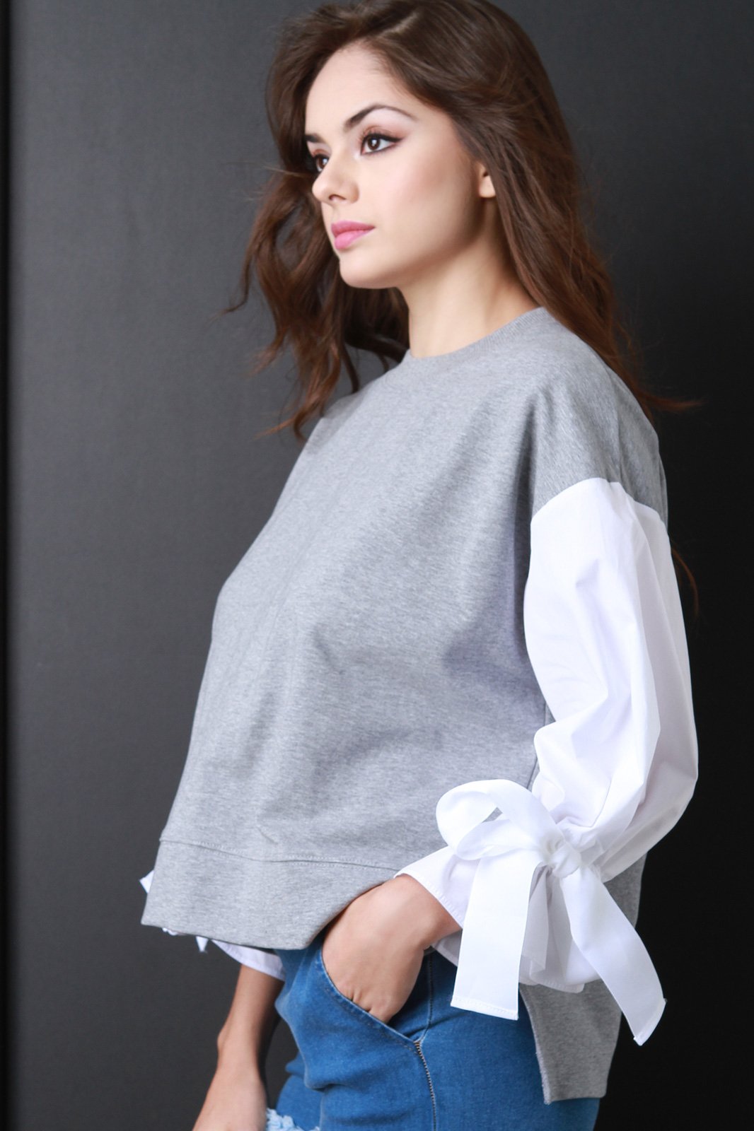 Contrast Tie Sleeves French Terry Sweatshirt