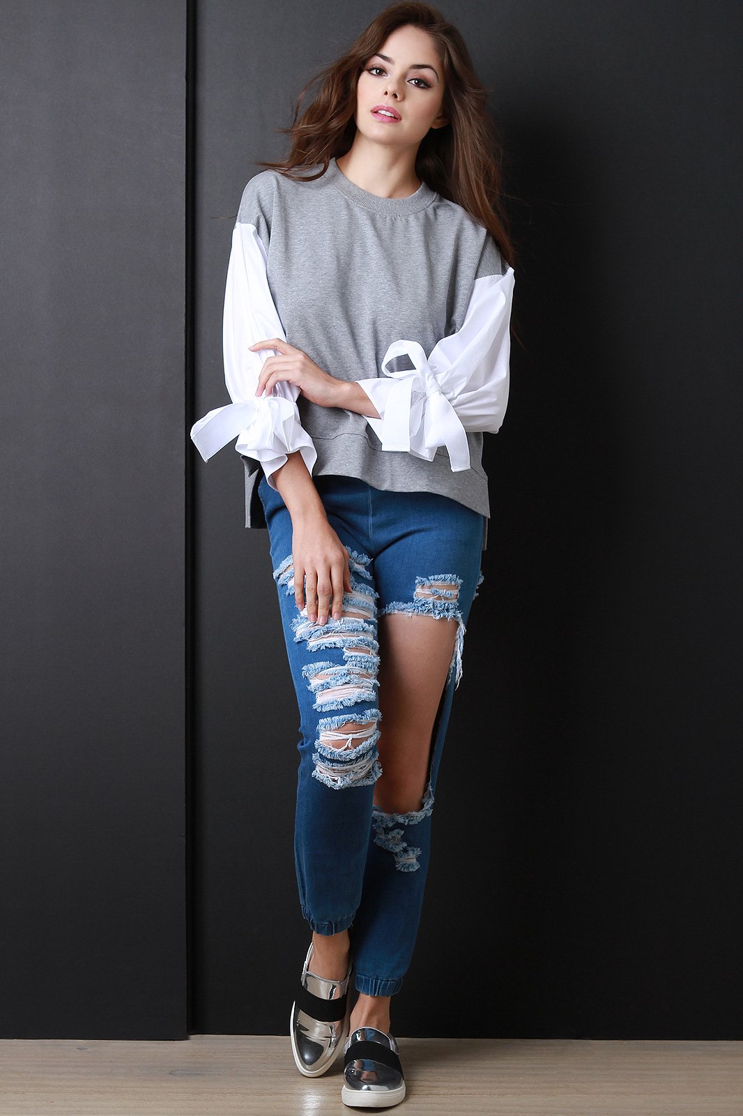 Contrast Tie Sleeves French Terry Sweatshirt