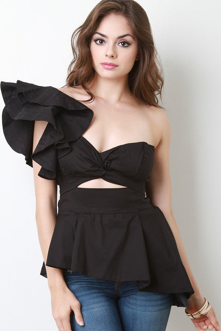 Sweetheart One Shoulder Ruffle Sleeve Peplum Blouse