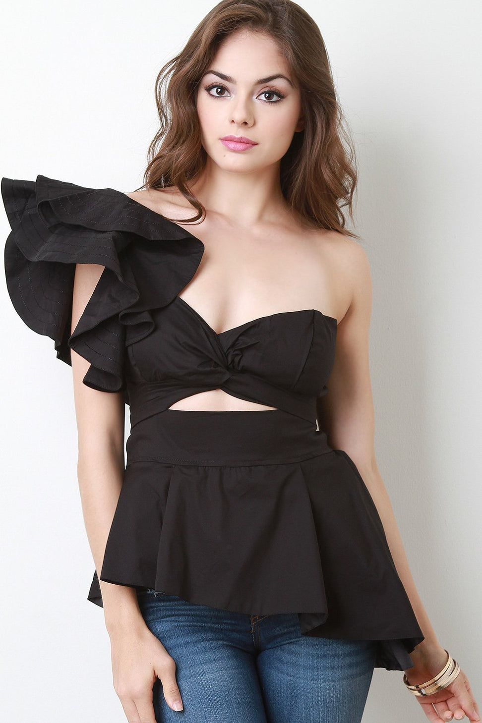 Sweetheart One Shoulder Ruffle Sleeve Peplum Blouse
