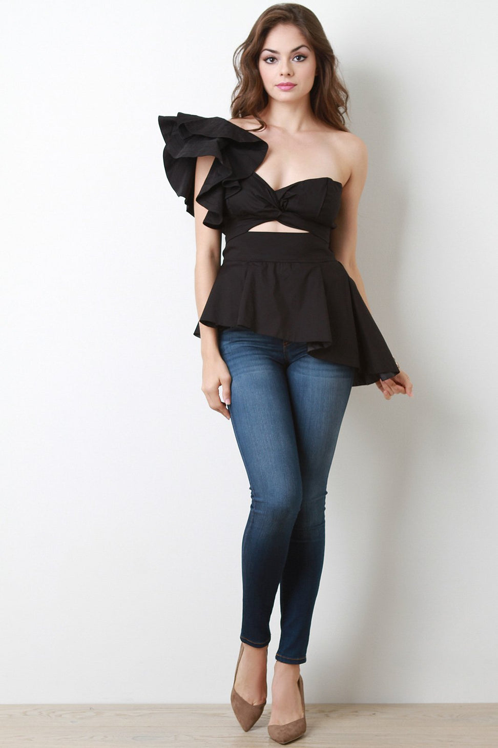 Sweetheart One Shoulder Ruffle Sleeve Peplum Blouse