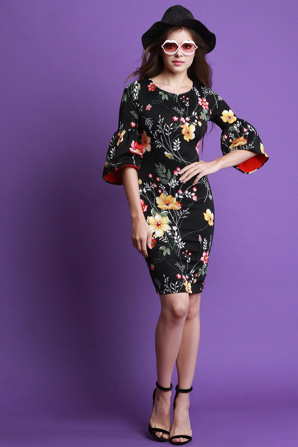 Floral Bell Sleeve Bodycon Midi Dress - NoveltyOne
