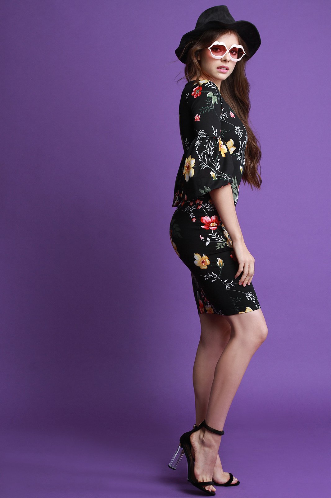 Floral Bell Sleeve Bodycon Midi Dress - NoveltyOne