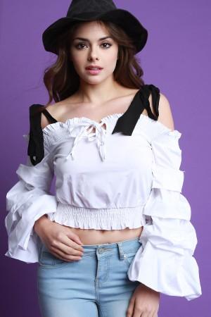 Tie Shoulder Ruched Sleeves Crop Blouse Top