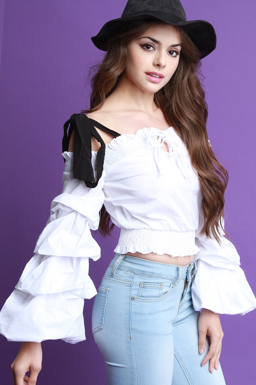 Tie Shoulder Ruched Sleeves Crop Blouse Top