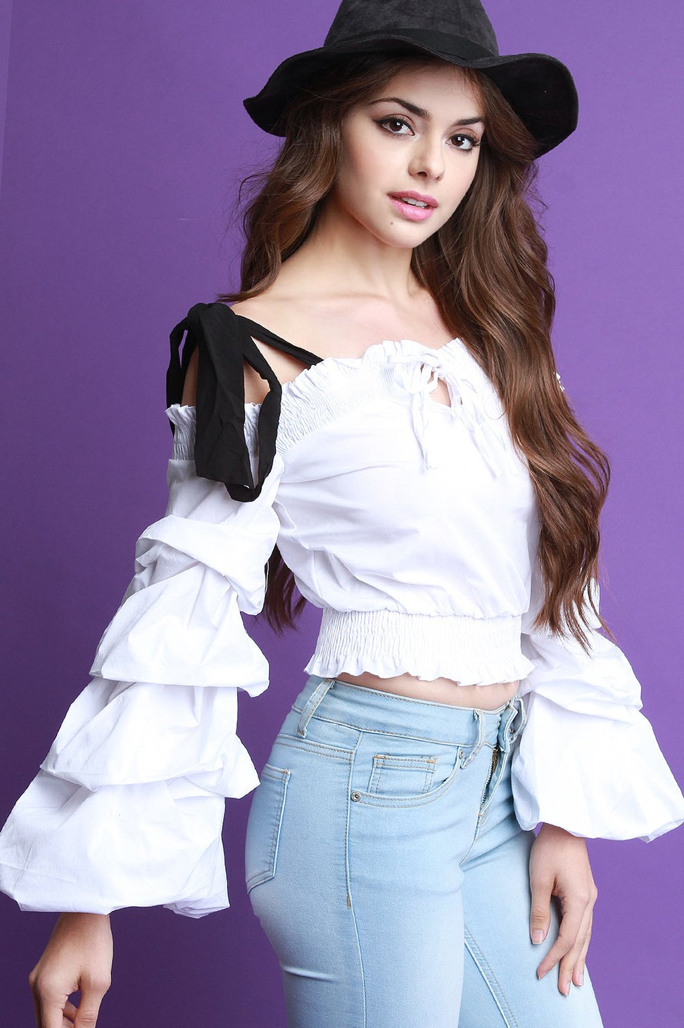 Tie Shoulder Ruched Sleeves Crop Blouse Top