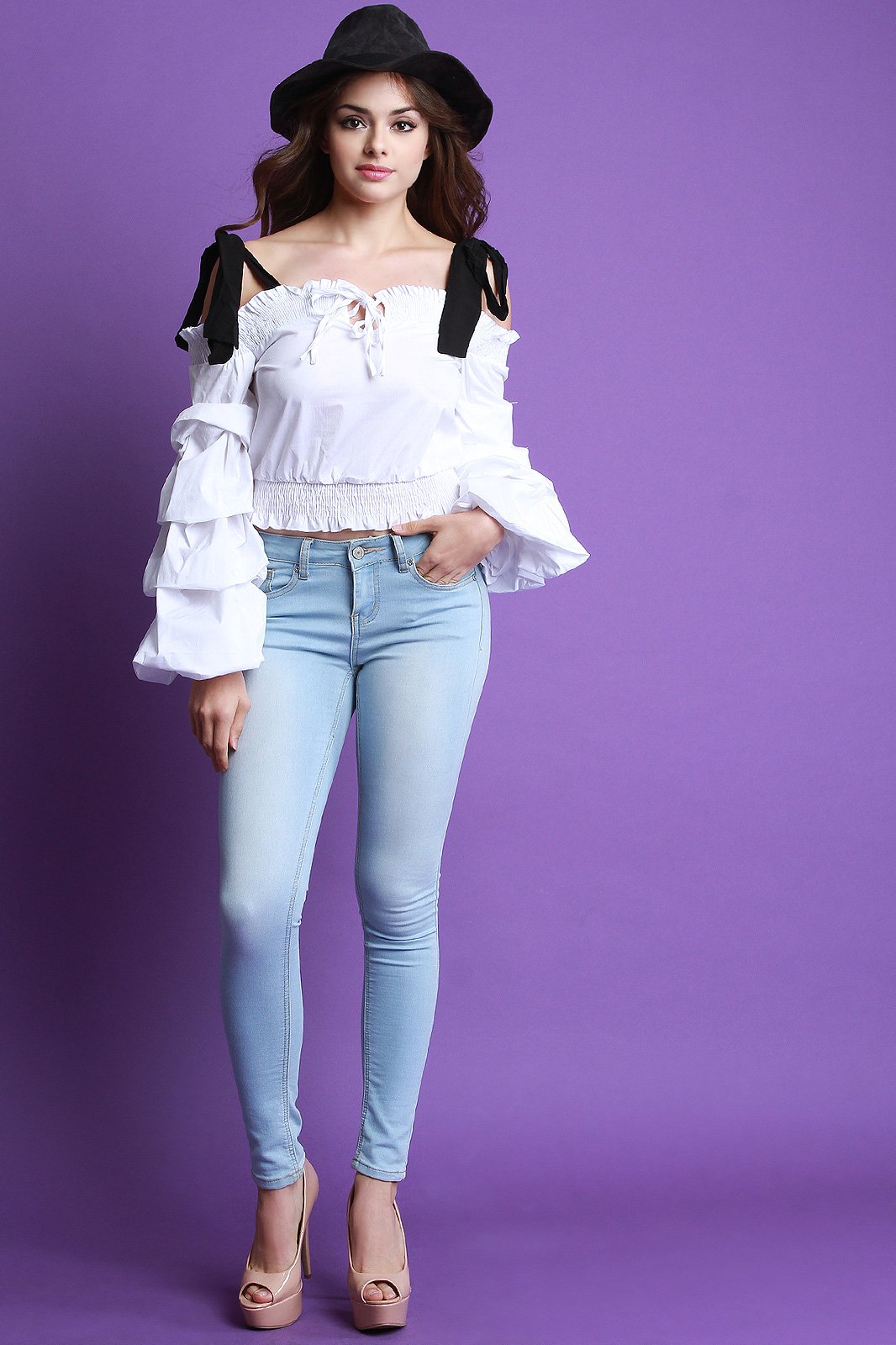 Tie Shoulder Ruched Sleeves Crop Blouse Top