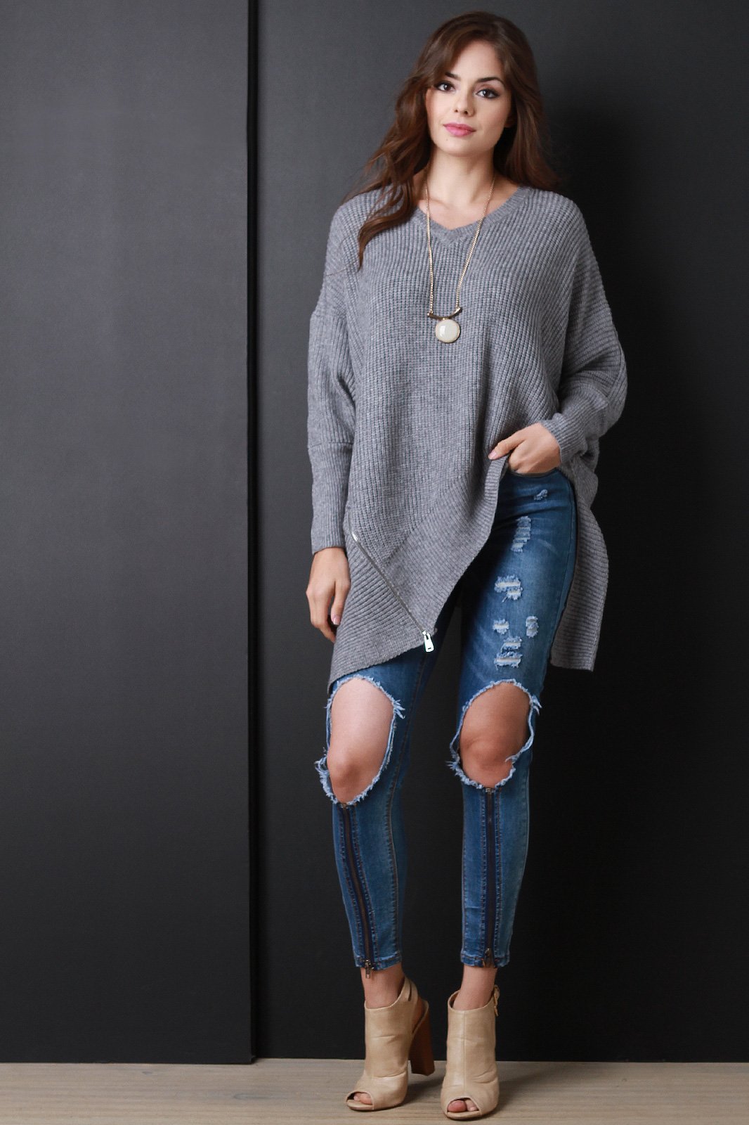 Chunky Knit Asymmetrical Zipper Sweater Top