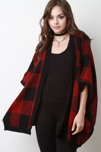 Gingham Sweater Knit Open Front Poncho - NoveltyOne